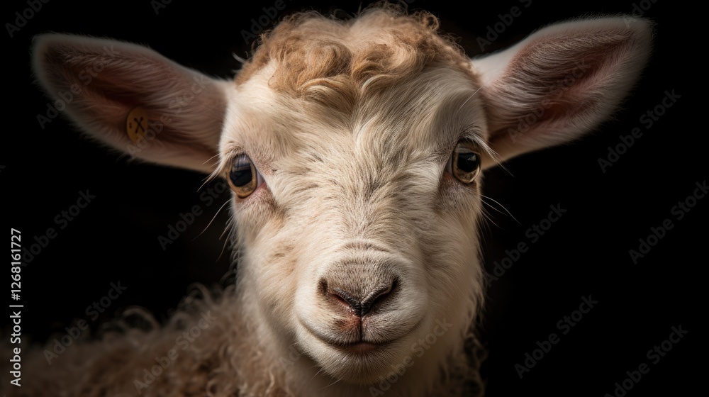 Obraz premium Close-up Portrait of a Young Lamb with a Tag in its Ear