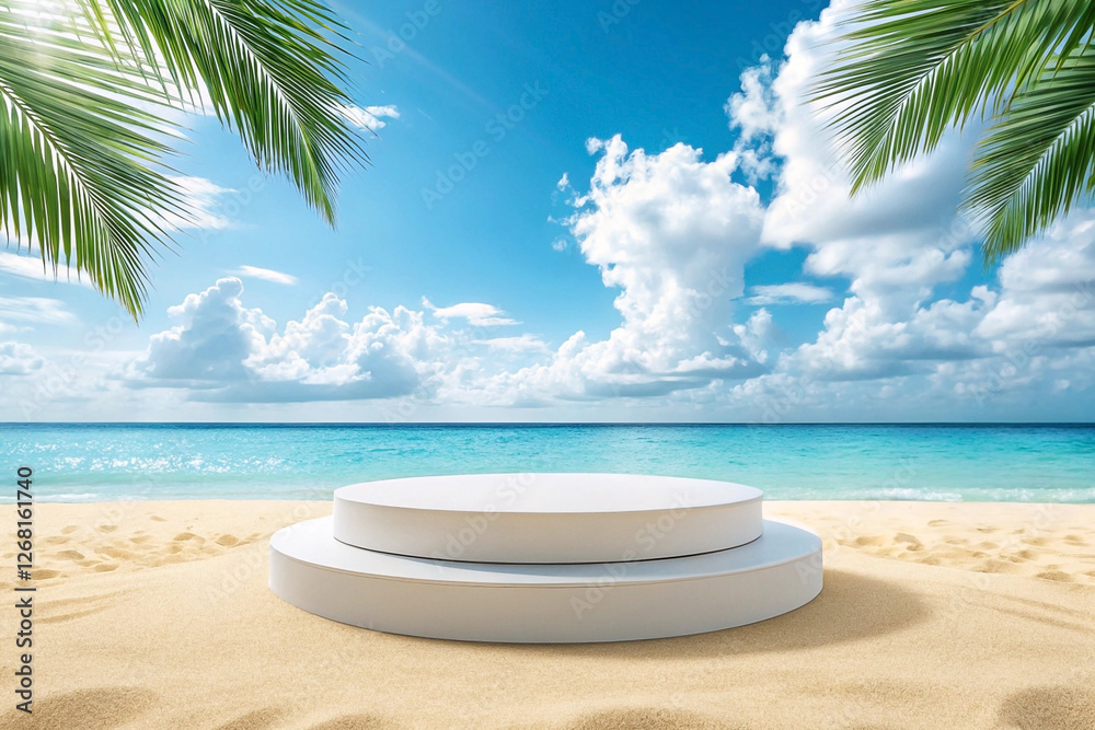 Obraz premium Tropical beach pedestal display, summer ocean background