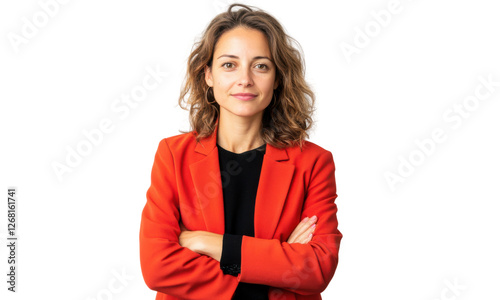 Confident woman in a red blazer standing with arms crossed, smiling
