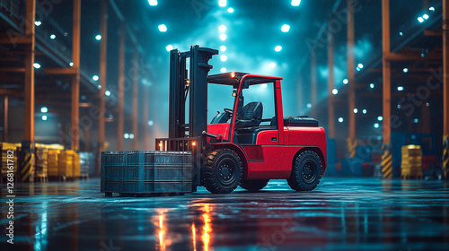 Industrial red forklift lifting metal crate in factory, full shot, dim lighting with spotlight, steel beams