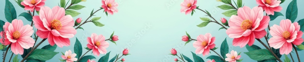 Fototapeta premium Vibrant pastel floral pattern on spring foliage backdrop, season, floral, botanical