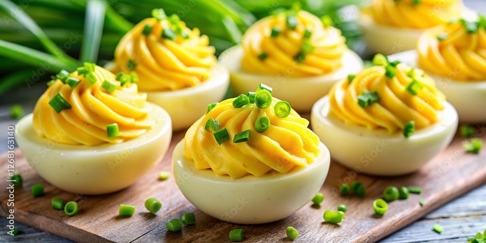 Creamy Deviled Eggs Appetizer: Party Food Snack Trend Garnish Chives High-Resolution Stock Photo Creamy Deviled Eggs Appetizer: Party Food Snack Trend Garnish Chives High-Resolution Stock Photo