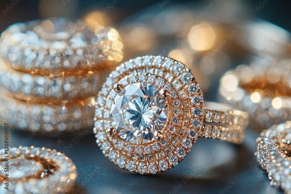 Close-up view of diamond ring surrounded by smaller diamonds, glistening in soft light.