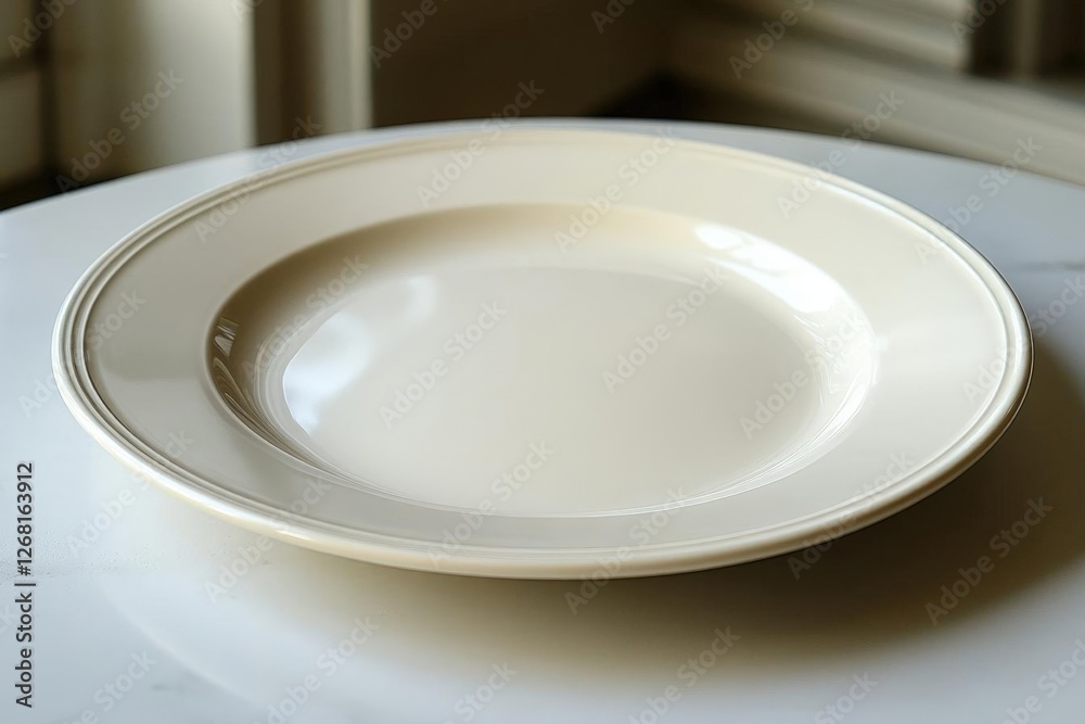 Elegant Empty Beige Ceramic Plate on White Marble Table in Soft Natural Lighting Elegant Empty Beige Ceramic Plate on White Marble Table in Soft Natural Lighting