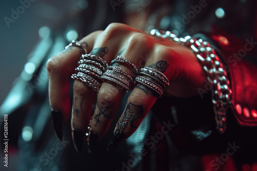 Woman with tattoos and rings on her hands holding a vintage camera, capturing a stunning sunset over the ocean.