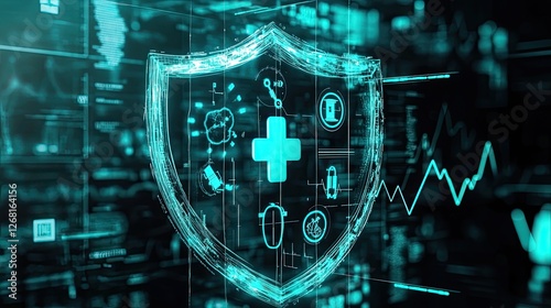 A glowing blue digital shield with a cross in the center