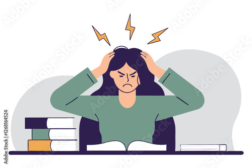 Female student stressed out about exams. Learning process. Exams preparation. Vector illustration