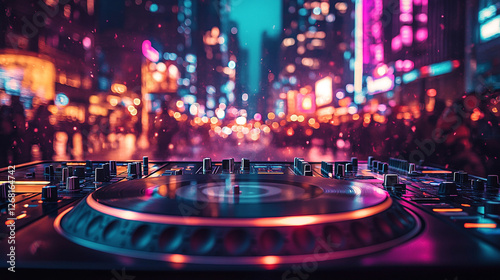 A DJ mixer with a turntable and crossfader in a nightclub setting, with a blurred background, symbolizing the energy and creativity of modern music and nightlife culture