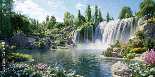 A magnificent waterfall flows over rugged terrain into a crystal-clear river, surrounded by lush greenery and wildflowers. The natural beauty and power of the scene are a
