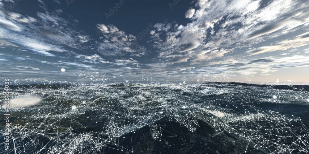 Fototapeta premium A virtual reality landscape representing cloud computing infrastructure with nodes and virtual connections spread across a digital horizon.