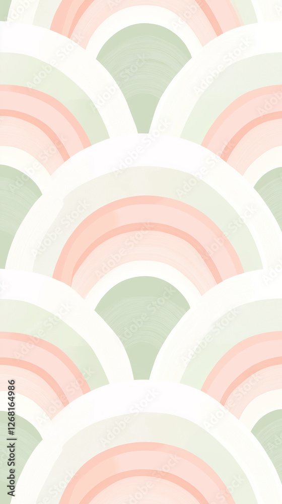 Overlapping arching shapes in pale green and pink