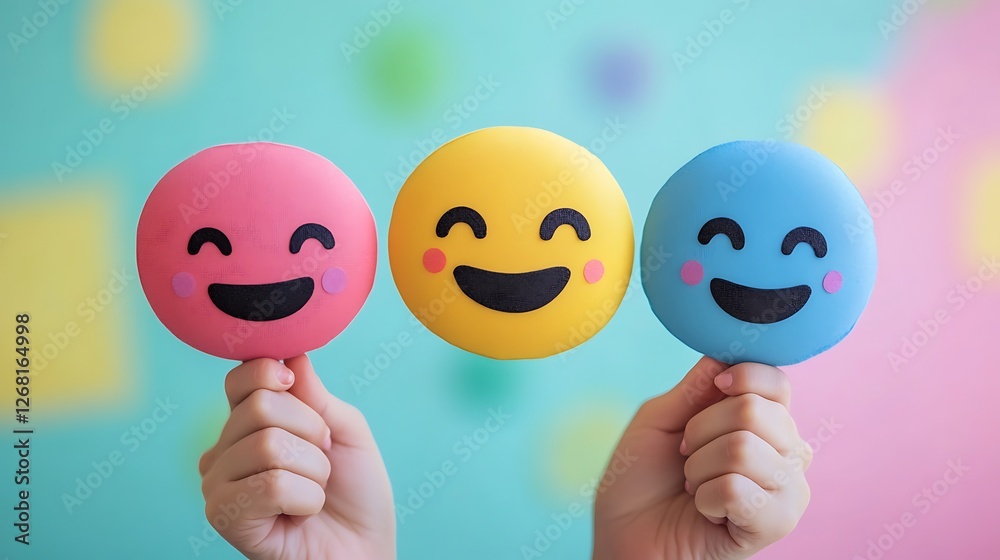Hand holding speech bubbles with a smiley face on a pastel background, a concept focused on positive customer experience. Hand holding speech bubbles with a smiley face on a pastel background, a concept focused on positive customer experience.