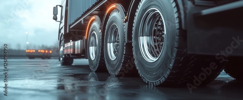 Close-up of Truck Tires on a Wet Pavement