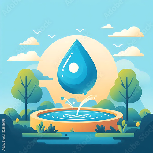 Aquatic Tranquility: Scenic Water Droplet Fountain in Serene Cartoon Landscape with Vibrant Sunset