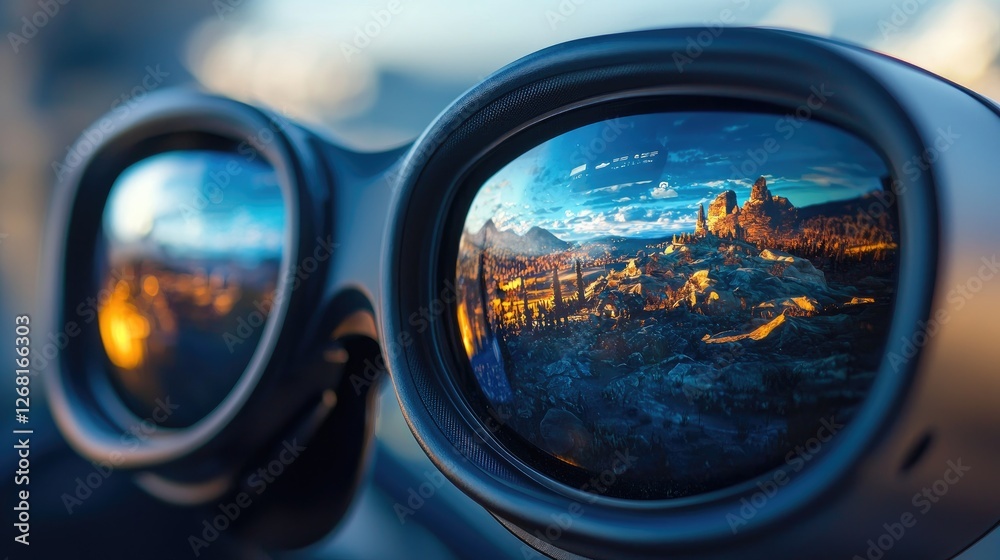 A close-up of VR headset lenses reflecting a detailed 360-degree vista, with the user immersed in a hyper-realistic virtual landscape. A close-up of VR headset lenses reflecting a detailed 360-degree vista, with the user immersed in a hyper-realistic virtual landscape.