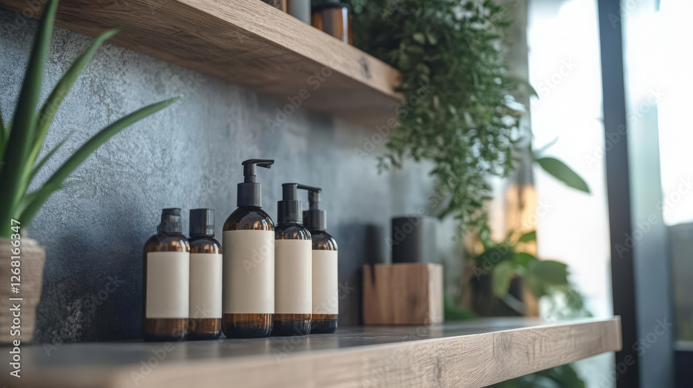Natural skincare products displayed on wooden shelf with plants Natural skincare products displayed on wooden shelf with plants