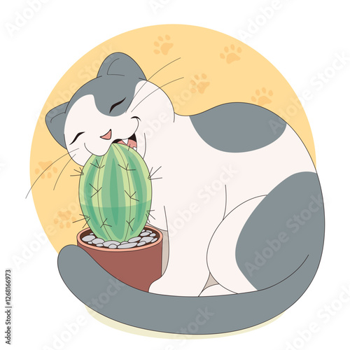 The cat is eating a plant in a flowerpot. Funny and cozy vector illustration.