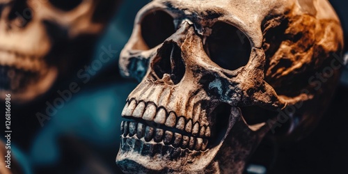 a hominid skull reconstruction, displaying the gradual changes in human evolution over time.