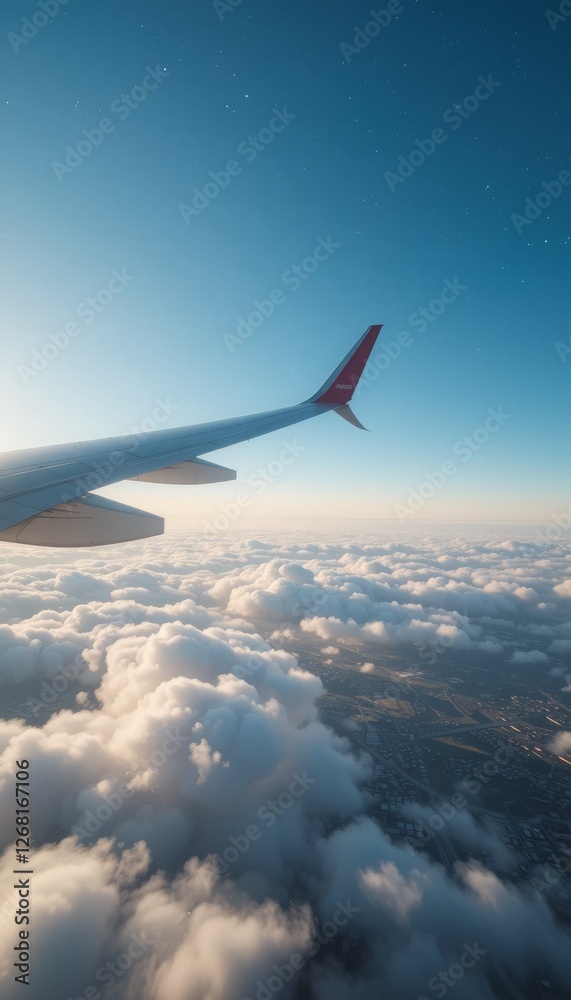 Passenger jet soaring above the clouds during takeoff, close-up on the wing with cityscape far below, under a vibrant blue sky Generative AI
