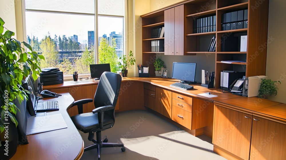 Modern Office Workspace with L-Shaped Desk and City View Modern Office Workspace with L-Shaped Desk and City View