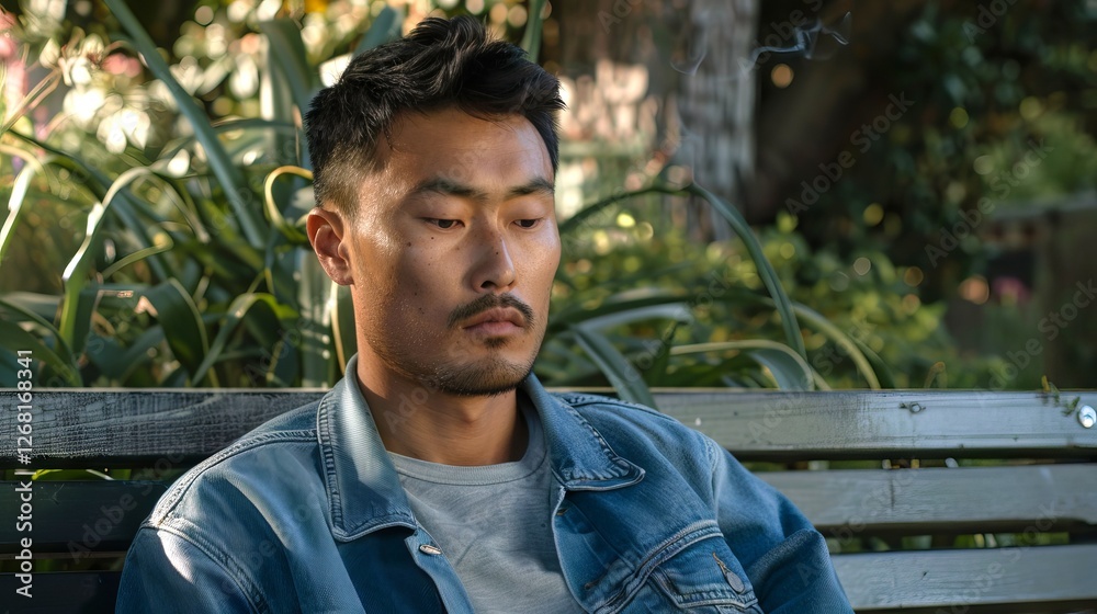 Sad, pensive, stressed Asian man sitting on park bench, looking down thoughtfully. Concept of depression, loneliness, contemplation, mental health struggles, urban solitude, and melancholy Sad, pensive, stressed Asian man sitting on park bench, looking down thoughtfully. Concept of depression, loneliness, contemplation, mental health struggles, urban solitude, and melancholy