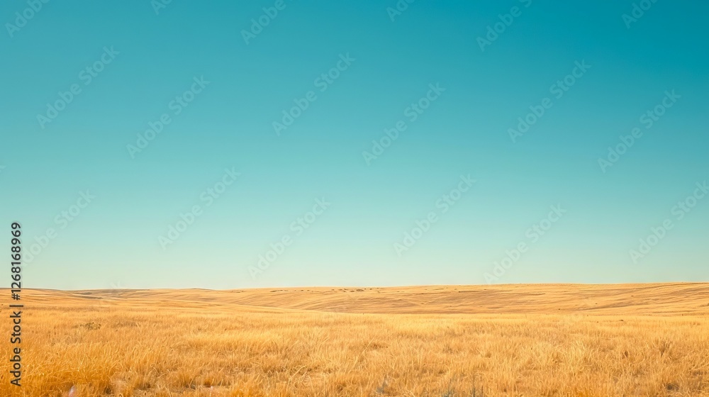 Expansive Plain with Golden Wheat Fields Under a Clear Blue Sky, Concept of Agriculture, Tranquility, Nature's Bounty, and Rural Landscapes Expansive Plain with Golden Wheat Fields Under a Clear Blue Sky, Concept of Agriculture, Tranquility, Nature's Bounty, and Rural Landscapes