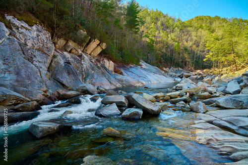 Rocky shore of Wilson Creek after Hurricane Helene in Pisgah National Forest, NC.