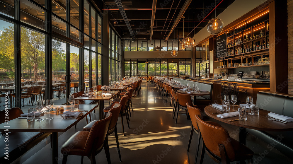 Upscale restaurant interior with rich wooden tables, plush seating, and a sophisticated dining environment for guests Upscale restaurant interior with rich wooden tables, plush seating, and a sophisticated dining environment for guests