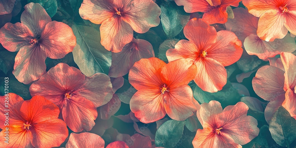 Macro shot of a retro floral pattern in vibrant colors and soft texture, ideal for conveying a warm, vintage atmosphere. Macro shot of a retro floral pattern in vibrant colors and soft texture, ideal for conveying a warm, vintage atmosphere.