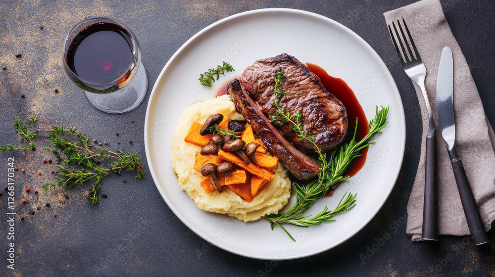 Gourmet Venison Steak with Mashed Potatoes and Vegetables Fine Dining Experience Rosemary Garnish Food Artistry Culinary Presentation Gourmet Venison Steak with Mashed Potatoes and Vegetables Fine Dining Experience Rosemary Garnish Food Artistry Culinary Presentation