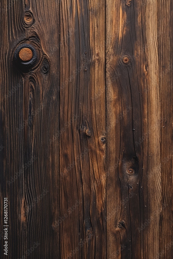 close-up view of the wood, emphasizing its texture and grain patterns. The wood appears aged, with a rich, dark brown color and visible knots and imperfections that add character. close-up view of the wood, emphasizing its texture and grain patterns. The wood appears aged, with a rich, dark brown color and visible knots and imperfections that add character.