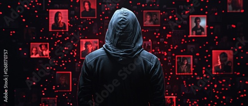 Black Hooded Hacker in Dark Room with Family Photos and Red Dots for Missing Person Search
