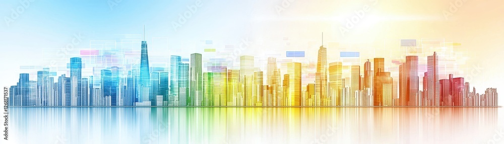 Obraz premium Futuristic Cybernetic City Skyline with Floating Holographic Displays and Vibrant Colors at Sunrise