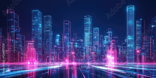 Futuristic urban landscape in a space-age world  with glowing towers  automated transport systems  and holographic displays.