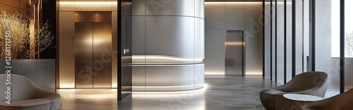 Modern Lobby Interior with Curved Wall, Two Elevators, and Seating