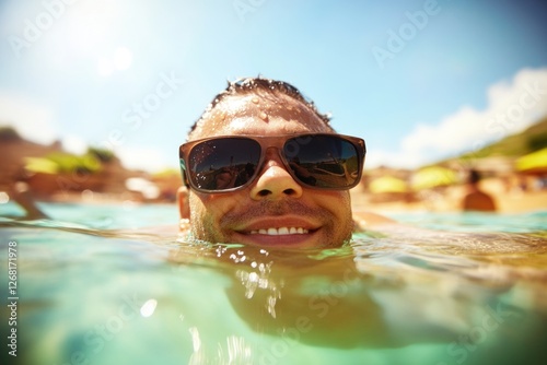 Young hispanic male enjoying a swim with sunglasses and a blissful smile in clear water photo