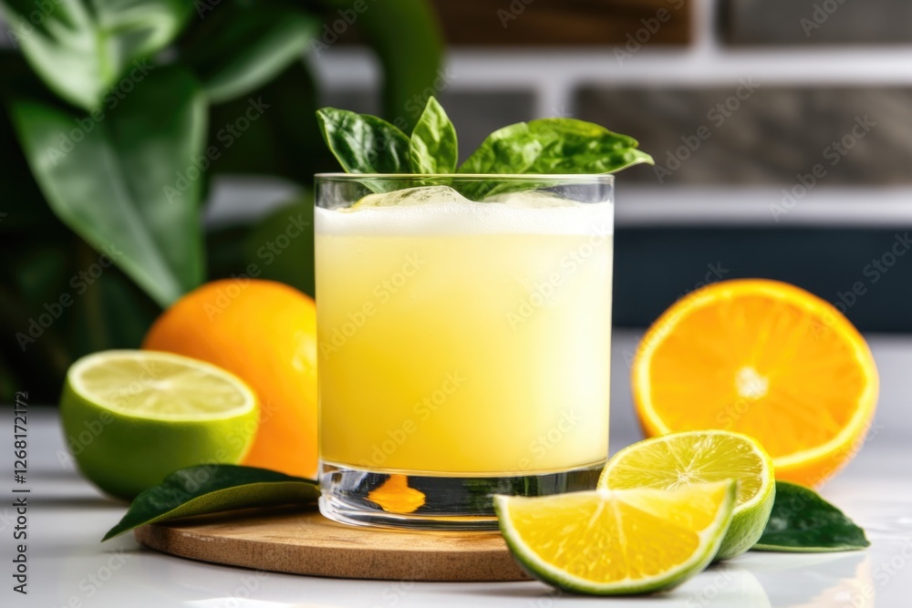 Fototapeta premium Refreshing citrus juice with lime and orange on wooden board