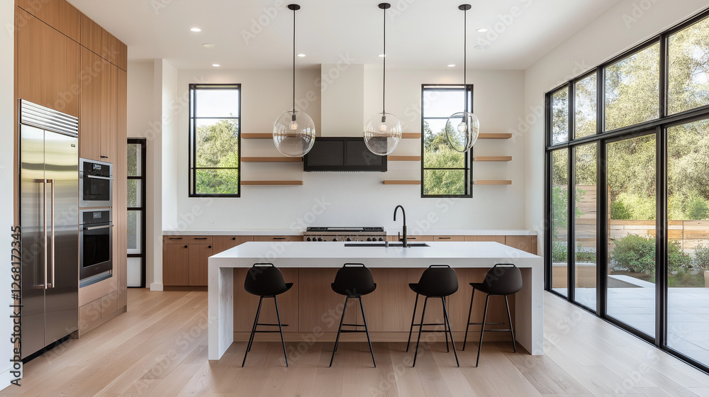 Contemporary open kitchen layout featuring modern appliances and sleek design, ideal for innovative culinary experiences Contemporary open kitchen layout featuring modern appliances and sleek design, ideal for innovative culinary experiences