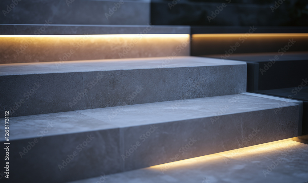 Light stone steps with integrated LED borders in a minimalist home, exuding sophistication and simplicity. Light stone steps with integrated LED borders in a minimalist home, exuding sophistication and simplicity.