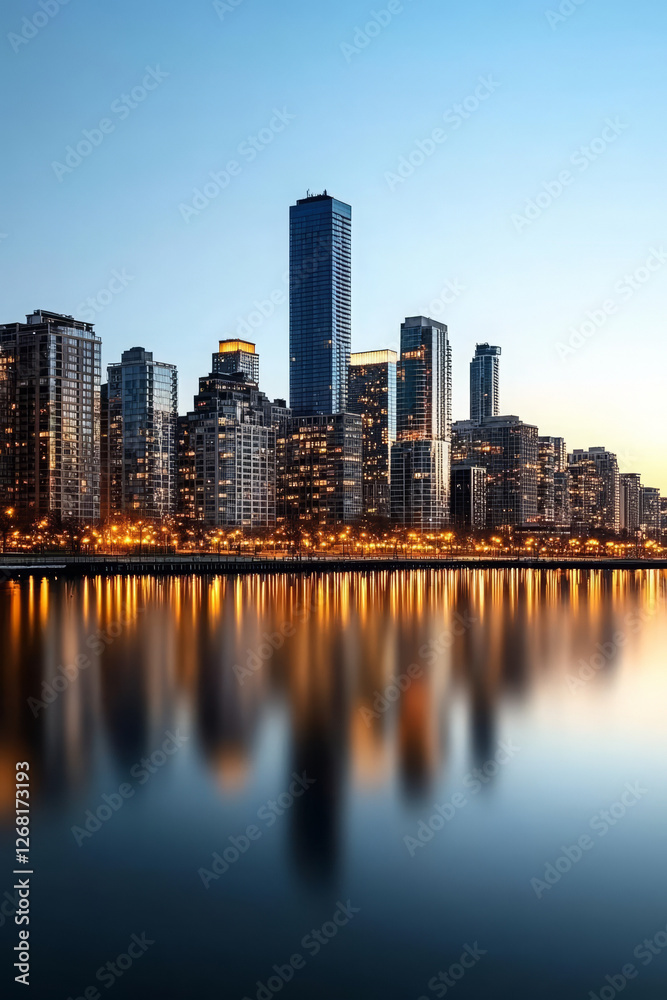 Stunning city skyline reflecting on water at dusk with glowing lights Stunning city skyline reflecting on water at dusk with glowing lights