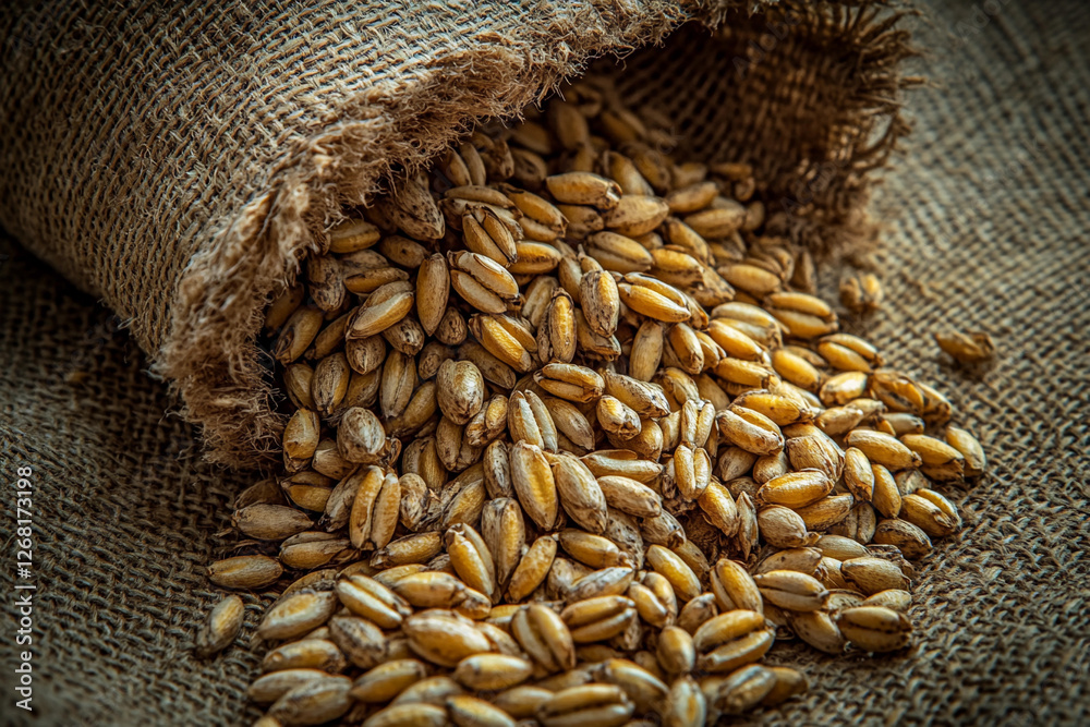 Yellow grains spill from a burlap sack onto a textured surface in a rustic setting Yellow grains spill from a burlap sack onto a textured surface in a rustic setting