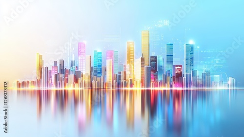 Futuristic Cityscape at Dusk with Illuminated Skyscrapers and Glowing Holographs Reflecting on Water Surface