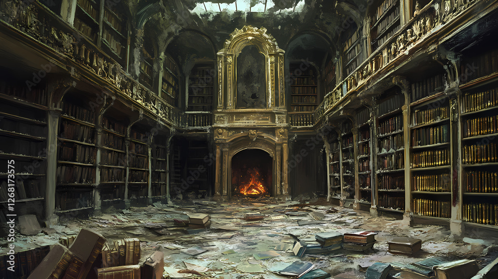 Fototapeta premium Decaying library, gilded shelves, a hearth, urban exploration. Gilded Ruins. Illustration