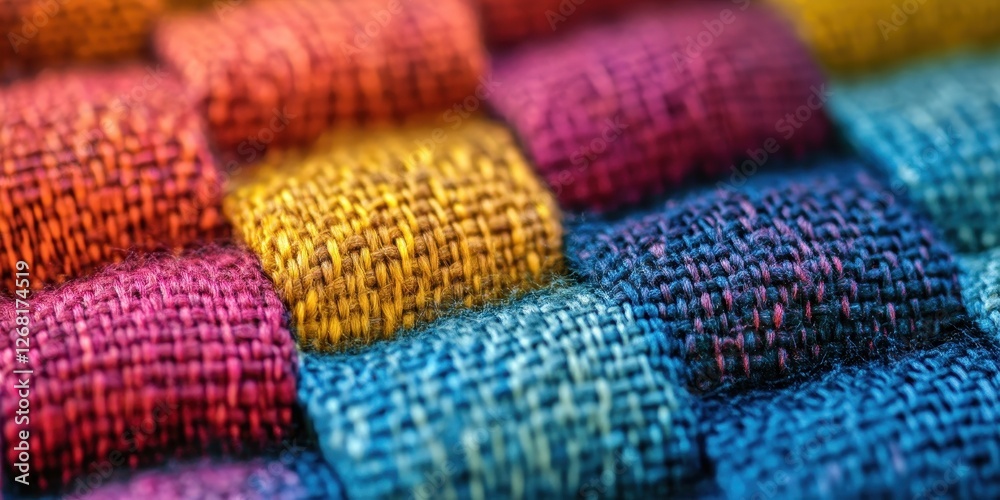 Colorful woven textile exhibiting textured squares with vibrant hues Colorful woven textile exhibiting textured squares with vibrant hues