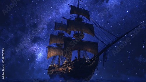Original oil painting Flying an old pirate ship. Beautiful Sea ship is flying above starry sky - abstract fairy tale, dream. Peter Pan. Illustration. Postcard painting.
