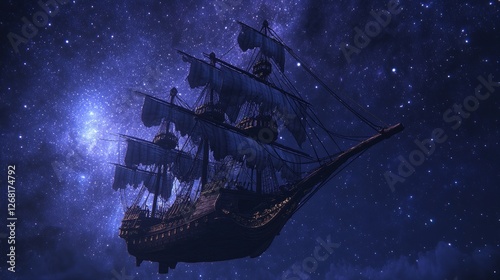Original oil painting Flying an old pirate ship. Beautiful Sea ship is flying above starry sky - abstract fairy tale, dream. Peter Pan. Illustration. Postcard painting.