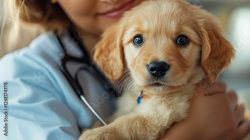 Caring Veterinarian Holding Adorable Puppy in Gentle Embrace