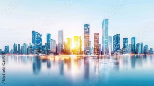 Modern Corporate District with Holographic Elements and Futuristic Buildings Under Bright Sky at Sunset