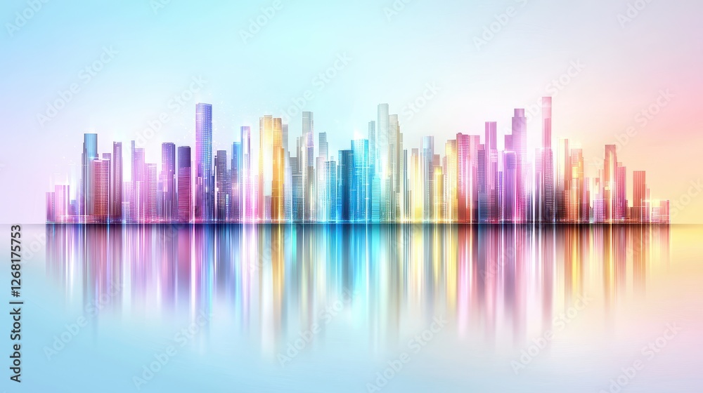 Vibrant Urban Skyline with Neon Glow and Floating Holograms Reflecting on Calm Water Surface at Dusk Vibrant Urban Skyline with Neon Glow and Floating Holograms Reflecting on Calm Water Surface at Dusk