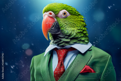 Anthropomorphic green parrot in a formal businessman suit